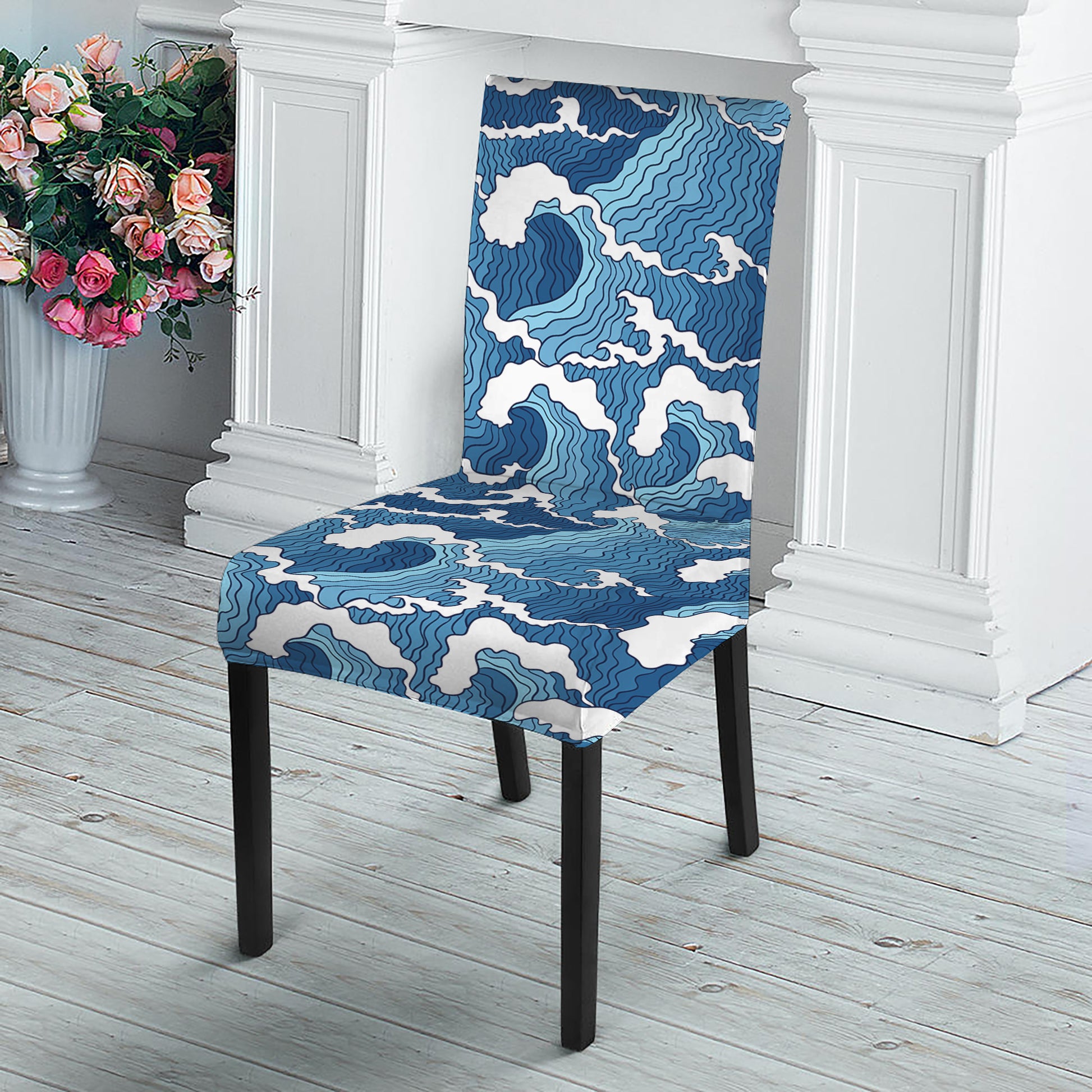 Blue Japanese Wave Pattern Print Dining Chair Slipcover