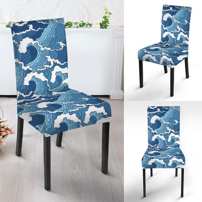 Blue Japanese Wave Pattern Print Dining Chair Slipcover