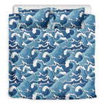 Blue Japanese Wave Pattern Print Duvet Cover Bedding Set