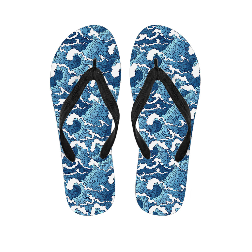 Blue Japanese Wave Pattern Print Flip Flops