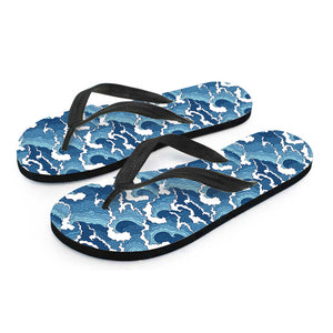 Blue Japanese Wave Pattern Print Flip Flops