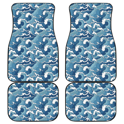 Blue Japanese Wave Pattern Print Front and Back Car Floor Mats
