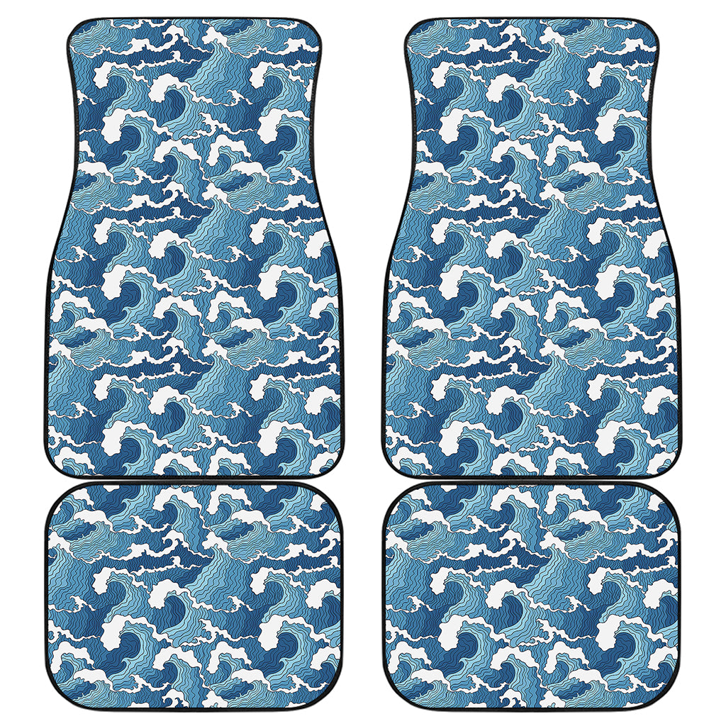 Blue Japanese Wave Pattern Print Front and Back Car Floor Mats