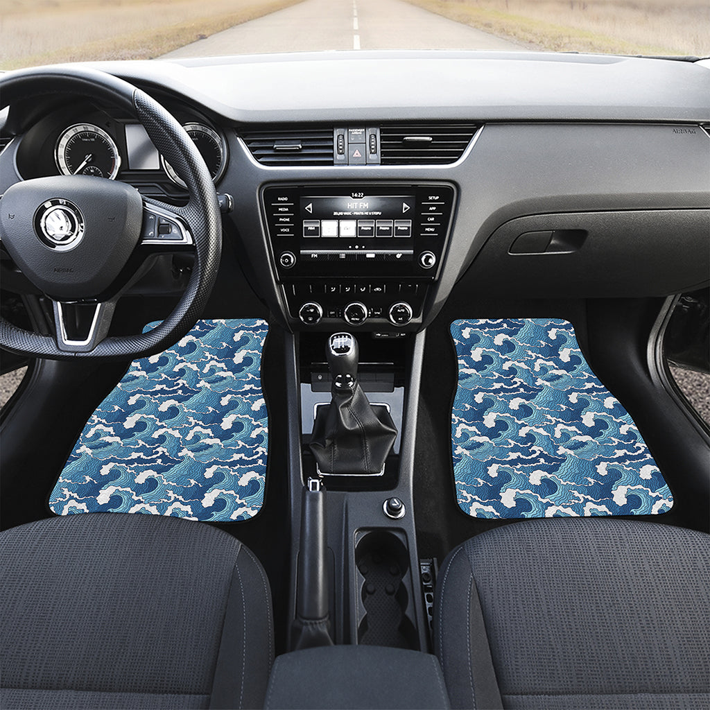 Blue Japanese Wave Pattern Print Front and Back Car Floor Mats