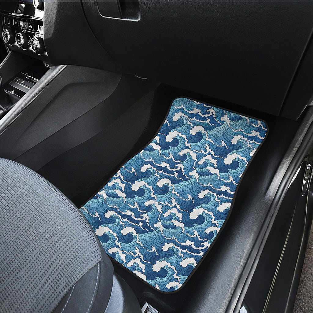 Blue Japanese Wave Pattern Print Front and Back Car Floor Mats