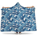 Blue Japanese Wave Pattern Print Hooded Blanket