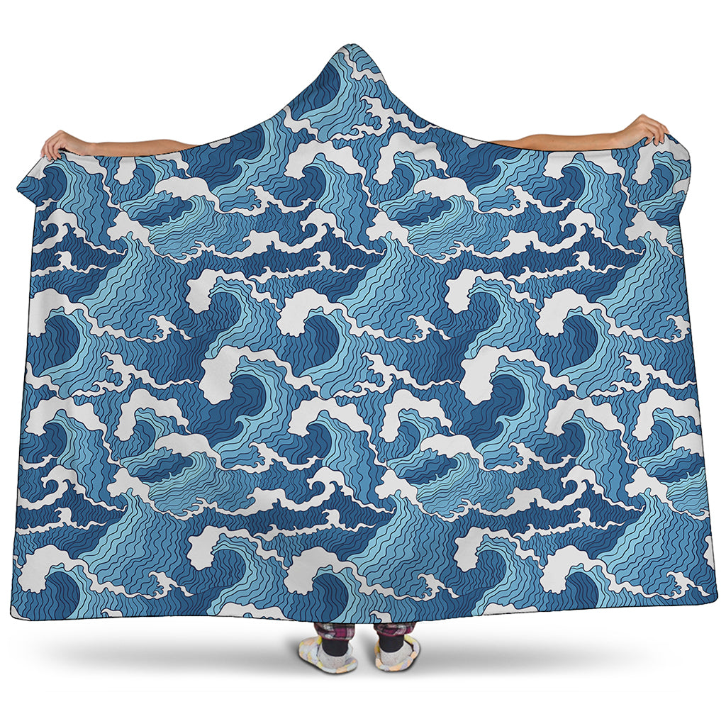 Blue Japanese Wave Pattern Print Hooded Blanket