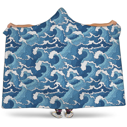 Blue Japanese Wave Pattern Print Hooded Blanket