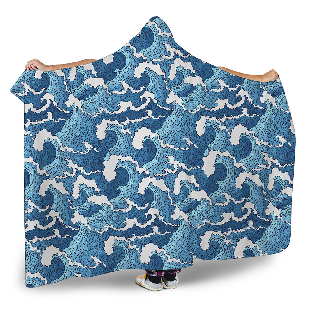 Blue Japanese Wave Pattern Print Hooded Blanket