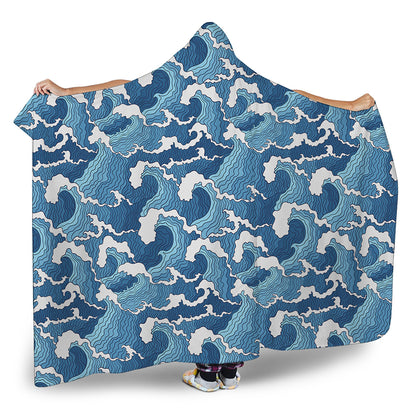 Blue Japanese Wave Pattern Print Hooded Blanket