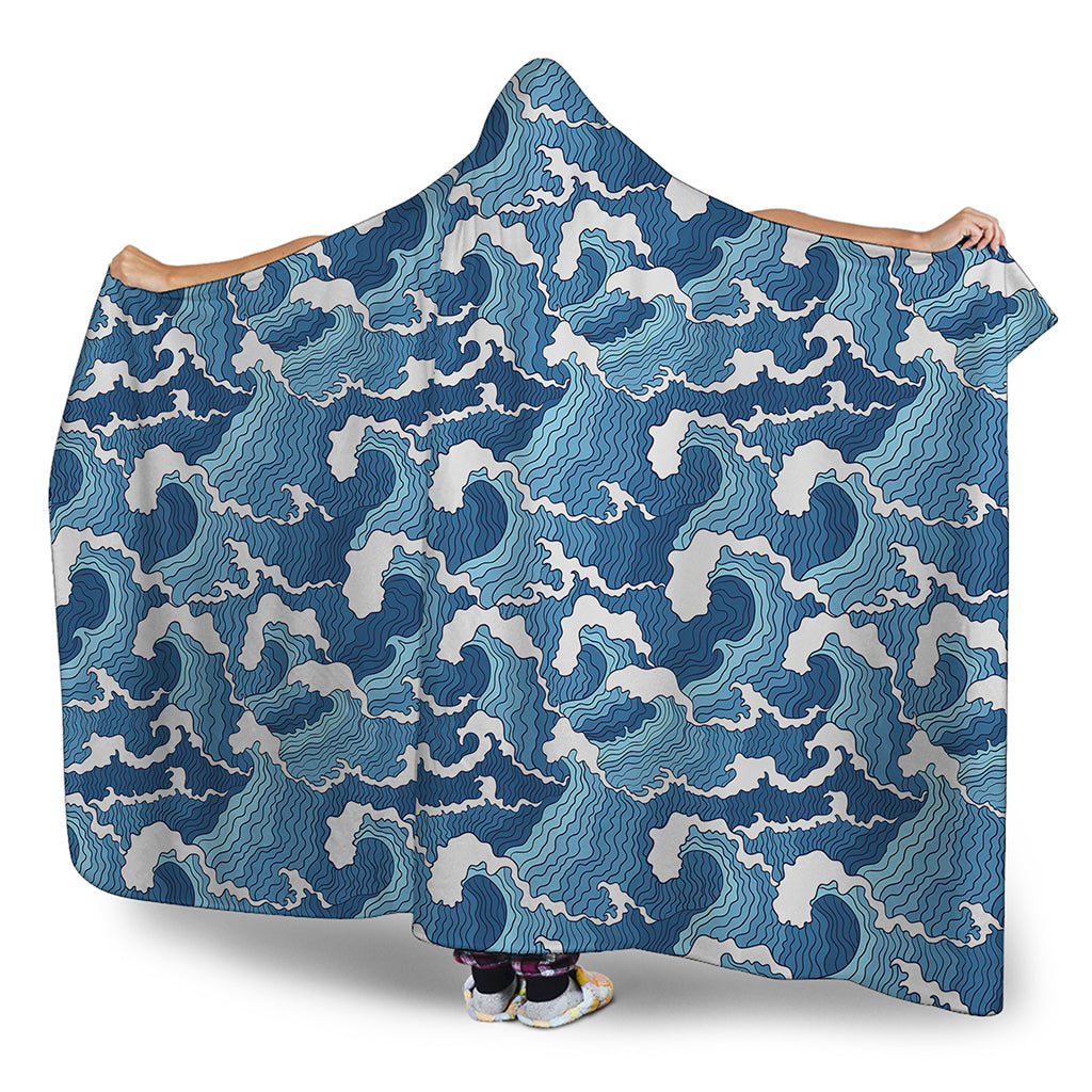 Blue Japanese Wave Pattern Print Hooded Blanket