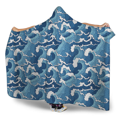 Blue Japanese Wave Pattern Print Hooded Blanket