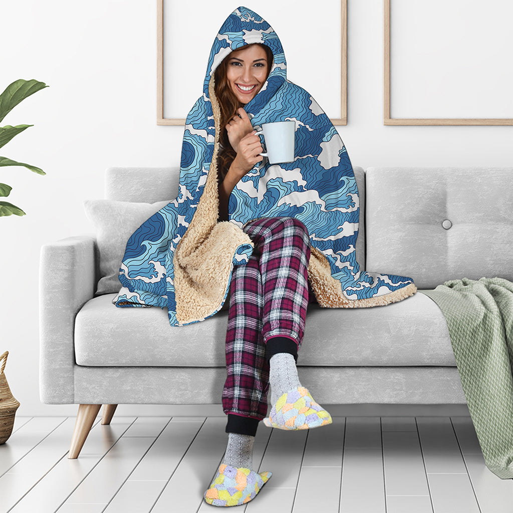 Blue Japanese Wave Pattern Print Hooded Blanket
