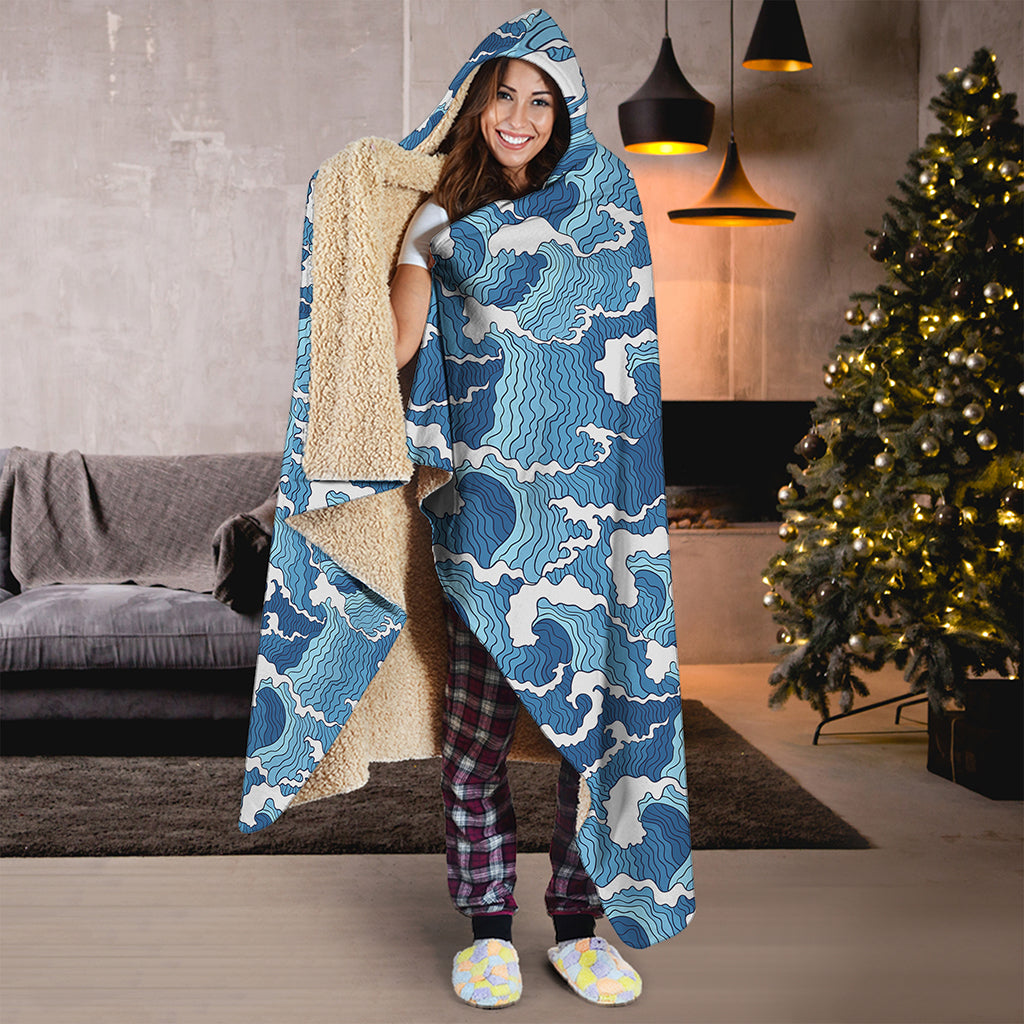 Blue Japanese Wave Pattern Print Hooded Blanket