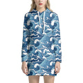 Blue Japanese Wave Pattern Print Pullover Hoodie Dress