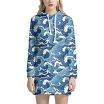 Blue Japanese Wave Pattern Print Hoodie Dress