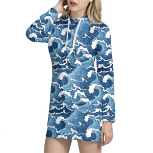 Blue Japanese Wave Pattern Print Hoodie Dress