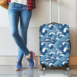 Blue Japanese Wave Pattern Print Luggage Cover