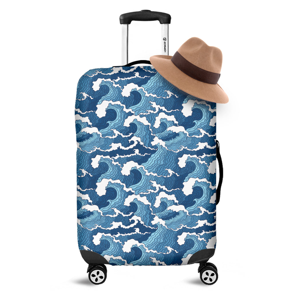 Blue Japanese Wave Pattern Print Luggage Cover