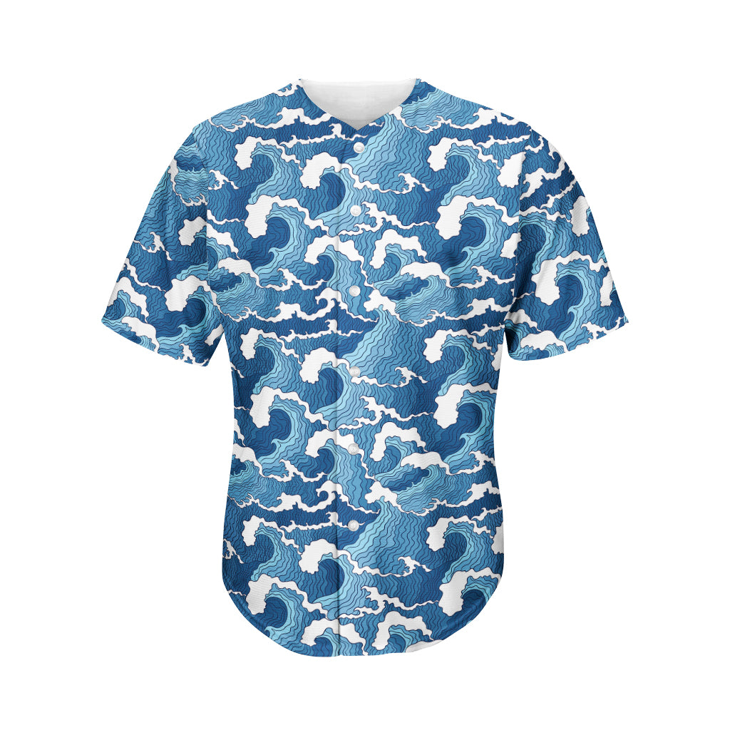 Blue Japanese Wave Pattern Print Men's Baseball Jersey