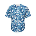 Blue Japanese Wave Pattern Print Men's Baseball Jersey
