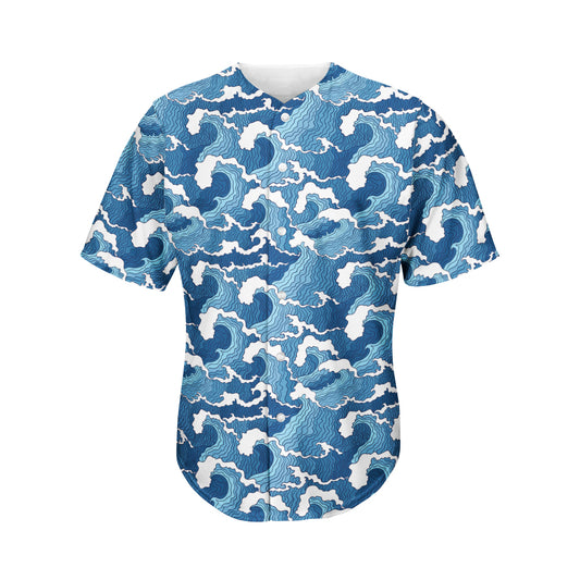 Blue Japanese Wave Pattern Print Men's Baseball Jersey