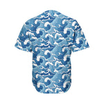 Blue Japanese Wave Pattern Print Men's Baseball Jersey