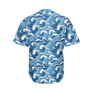 Blue Japanese Wave Pattern Print Men's Baseball Jersey