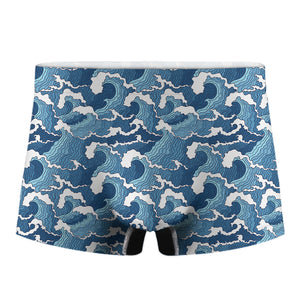 Blue Japanese Wave Pattern Print Men's Boxer Briefs