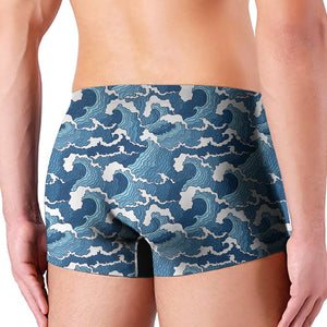 Blue Japanese Wave Pattern Print Men's Boxer Briefs