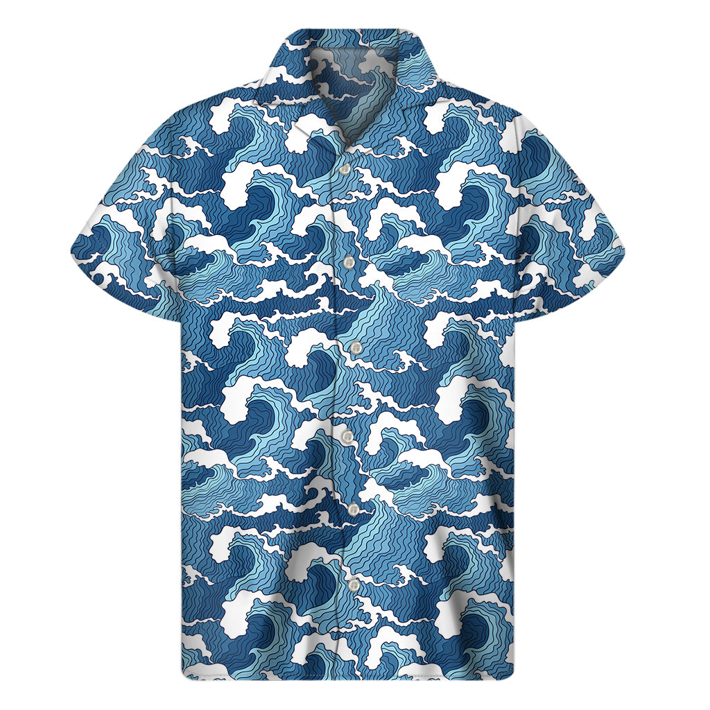 Blue Japanese Wave Pattern Print Men's Short Sleeve Shirt