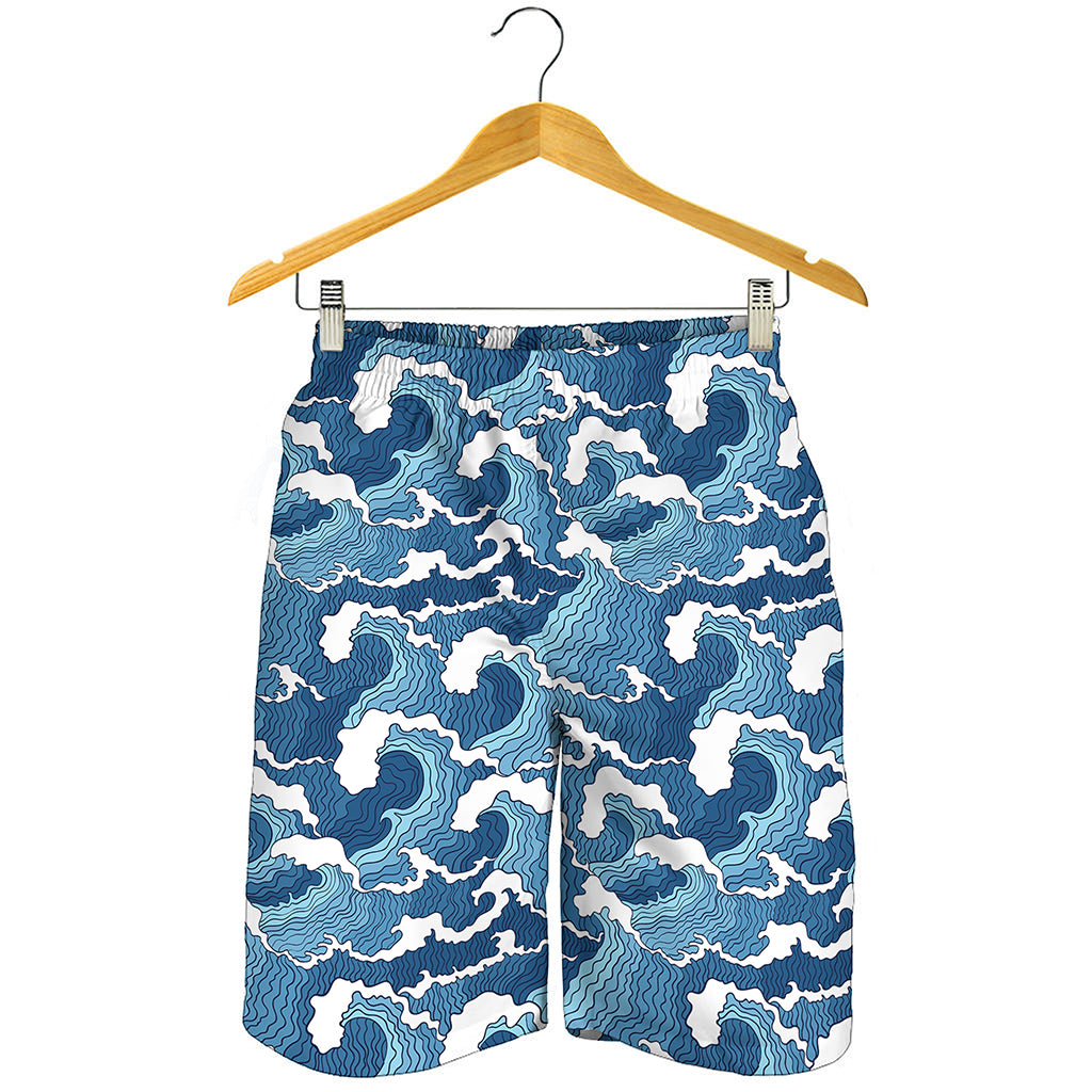 Blue Japanese Wave Pattern Print Men's Shorts