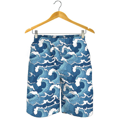 Blue Japanese Wave Pattern Print Men's Shorts