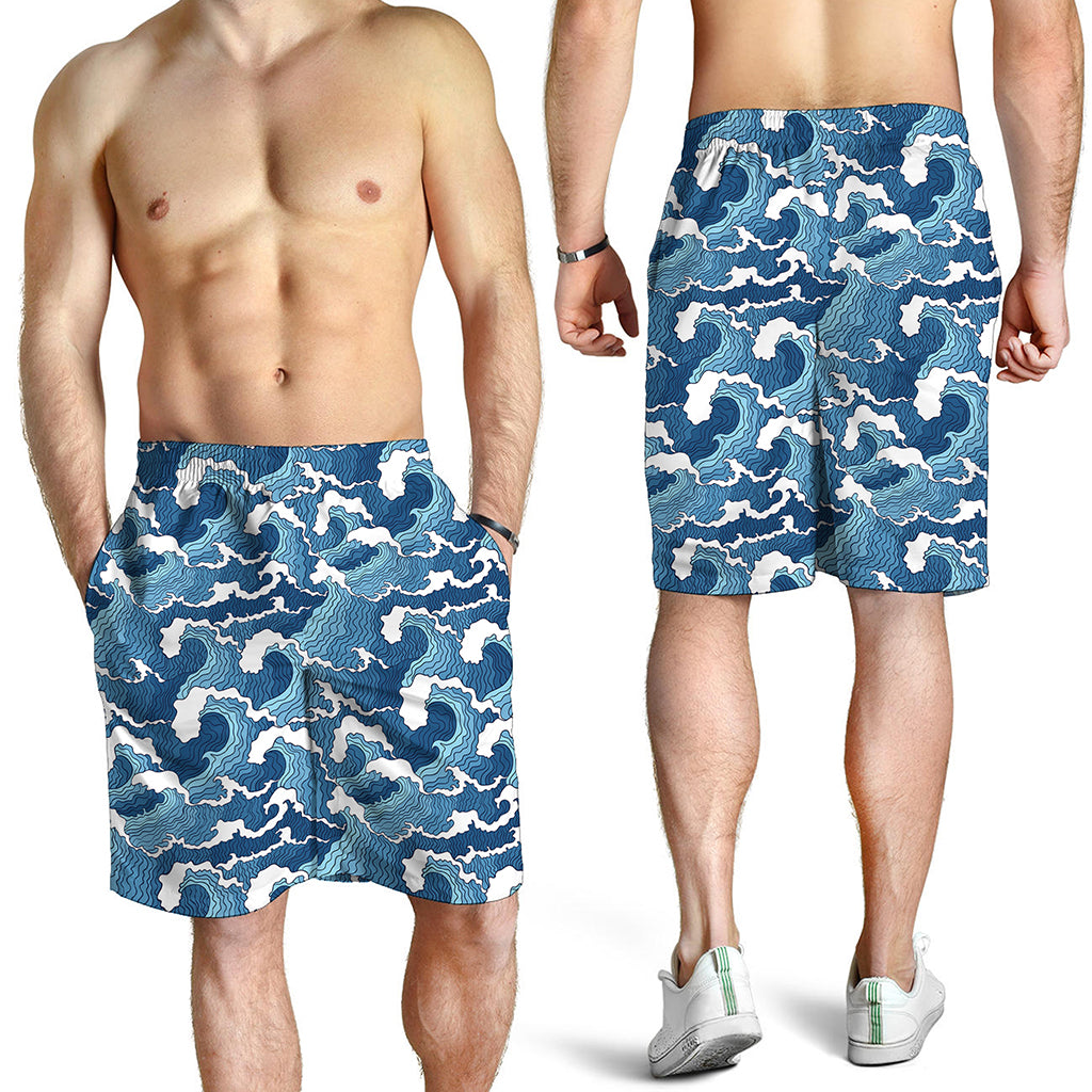 Blue Japanese Wave Pattern Print Men's Shorts