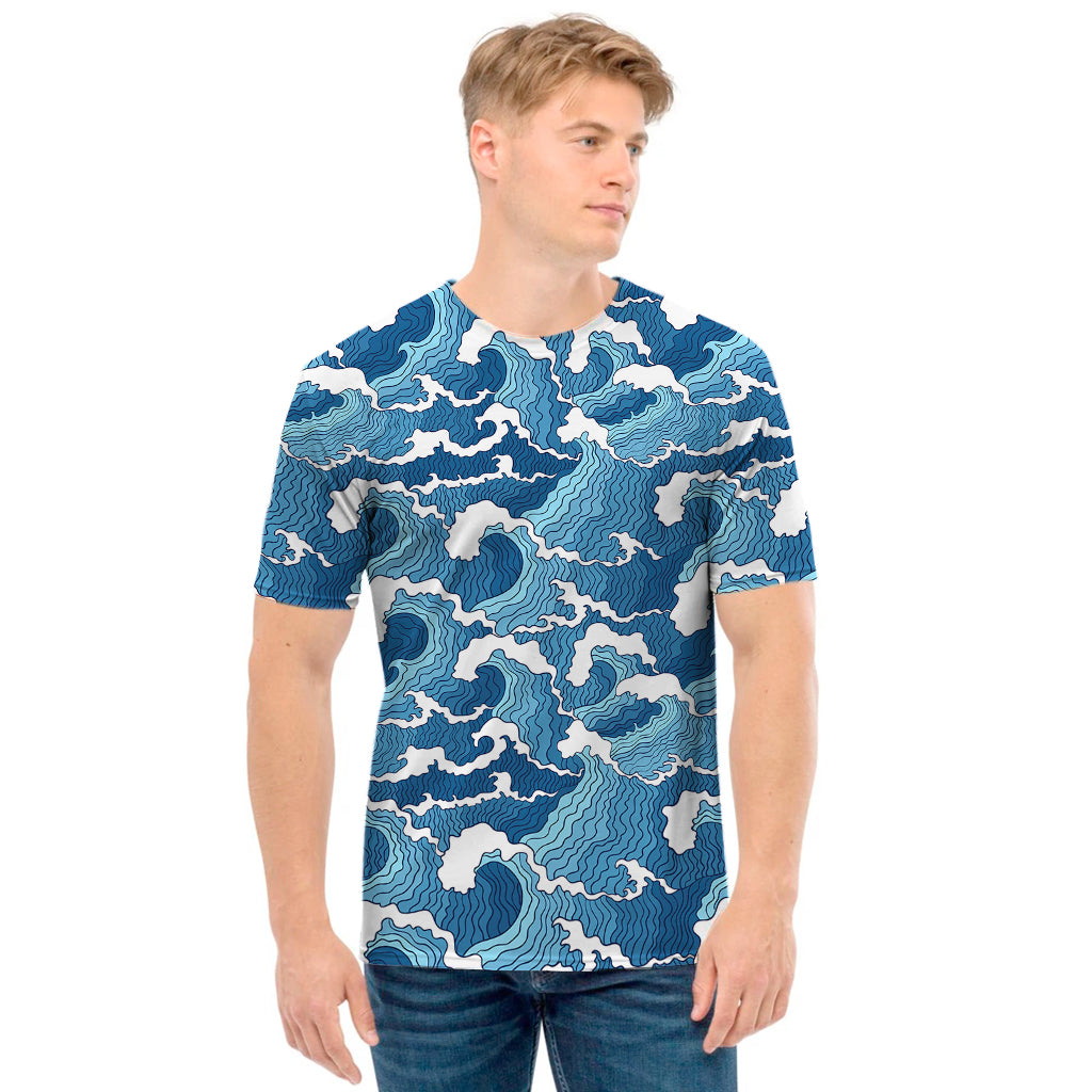 Blue Japanese Wave Pattern Print Men's T-Shirt