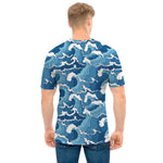 Blue Japanese Wave Pattern Print Men's T-Shirt