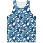 Blue Japanese Wave Pattern Print Men's Tank Top