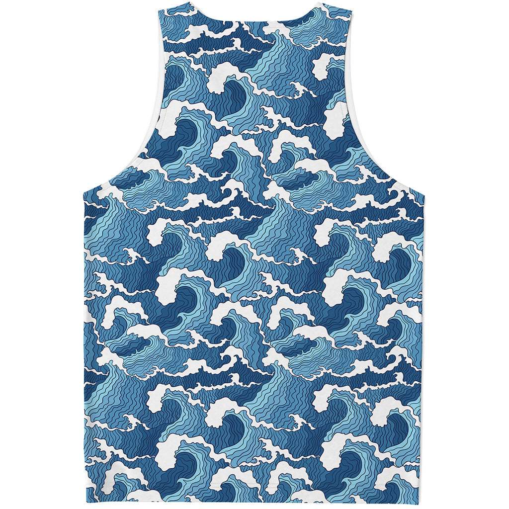 Blue Japanese Wave Pattern Print Men's Tank Top