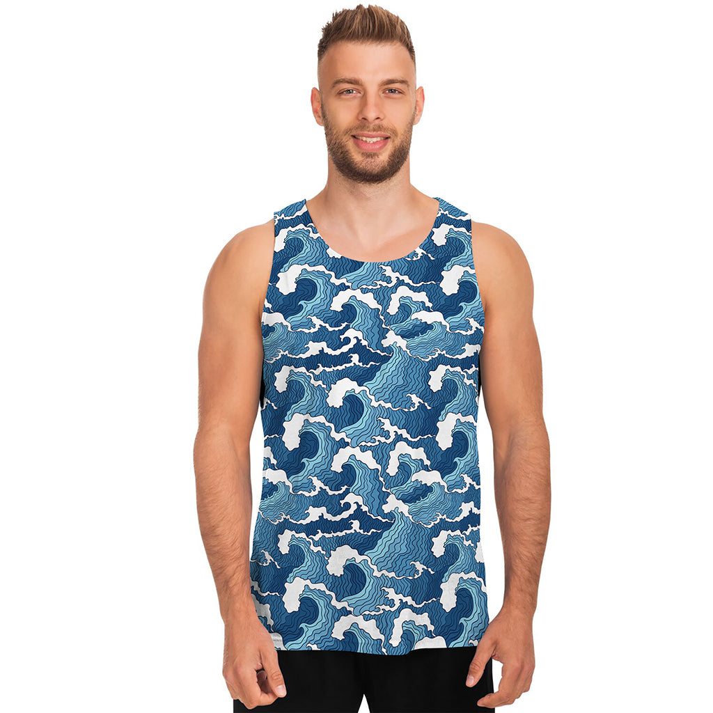 Blue Japanese Wave Pattern Print Men's Tank Top