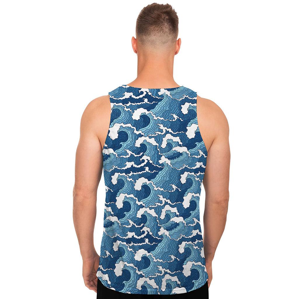 Blue Japanese Wave Pattern Print Men's Tank Top