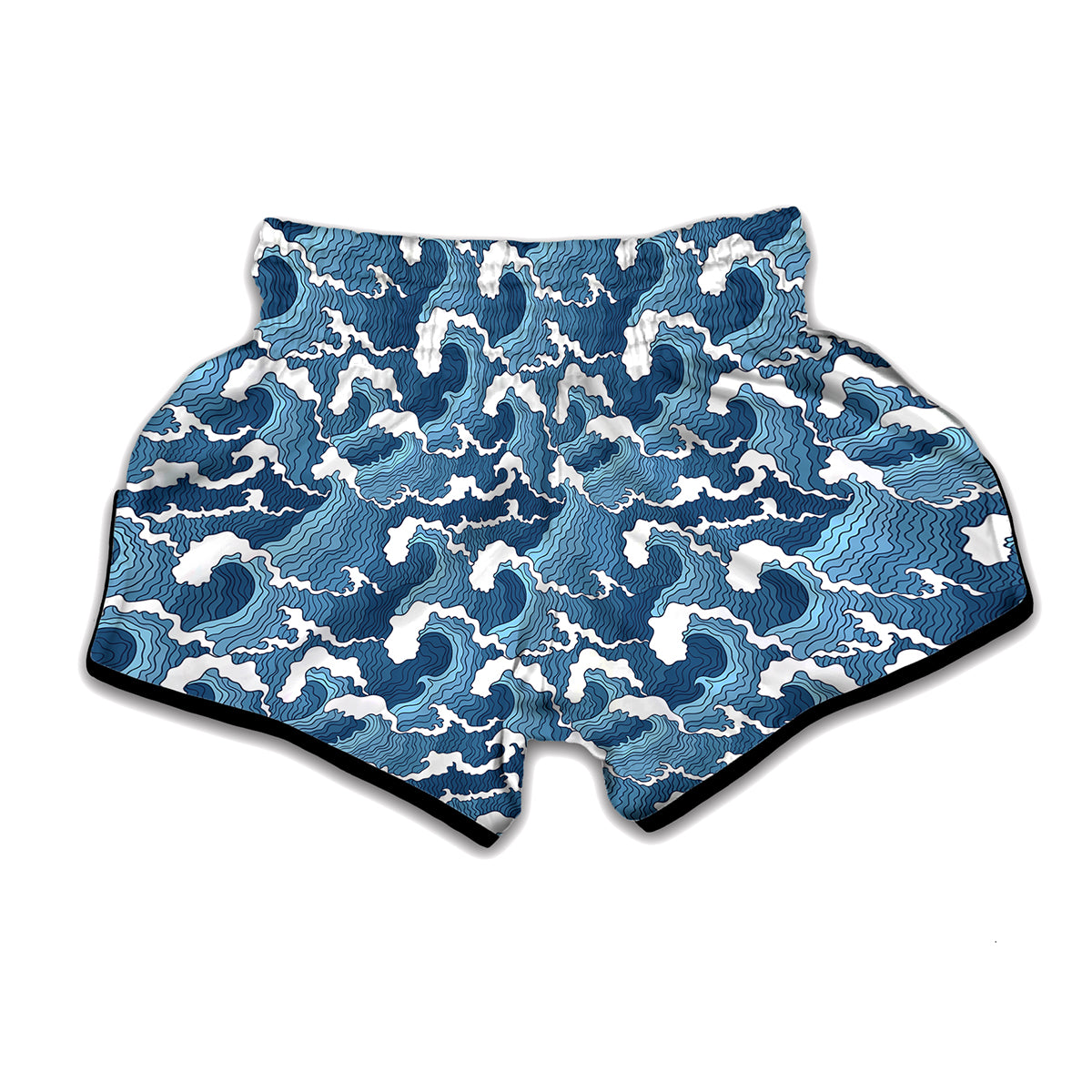 Blue Japanese Wave Pattern Print Muay Thai Boxing Shorts