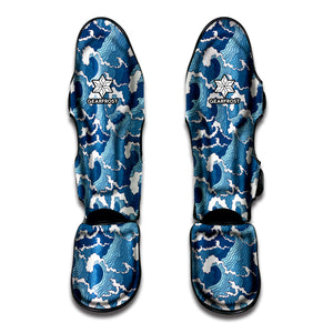 Blue Japanese Wave Pattern Print Muay Thai Shin Guard