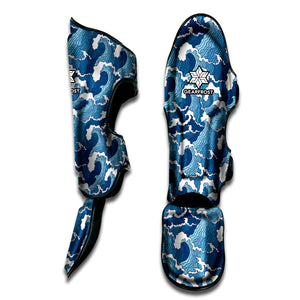 Blue Japanese Wave Pattern Print Muay Thai Shin Guard