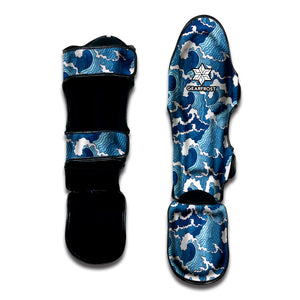 Blue Japanese Wave Pattern Print Muay Thai Shin Guard