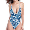 Blue Japanese Wave Pattern Print One Piece High Cut Swimsuit