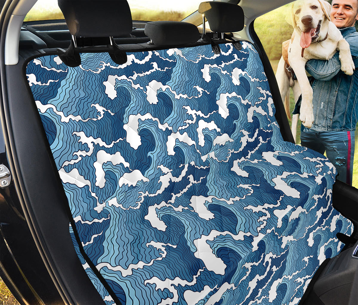 Blue Japanese Wave Pattern Print Pet Car Back Seat Cover