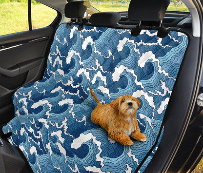 Blue Japanese Wave Pattern Print Pet Car Back Seat Cover