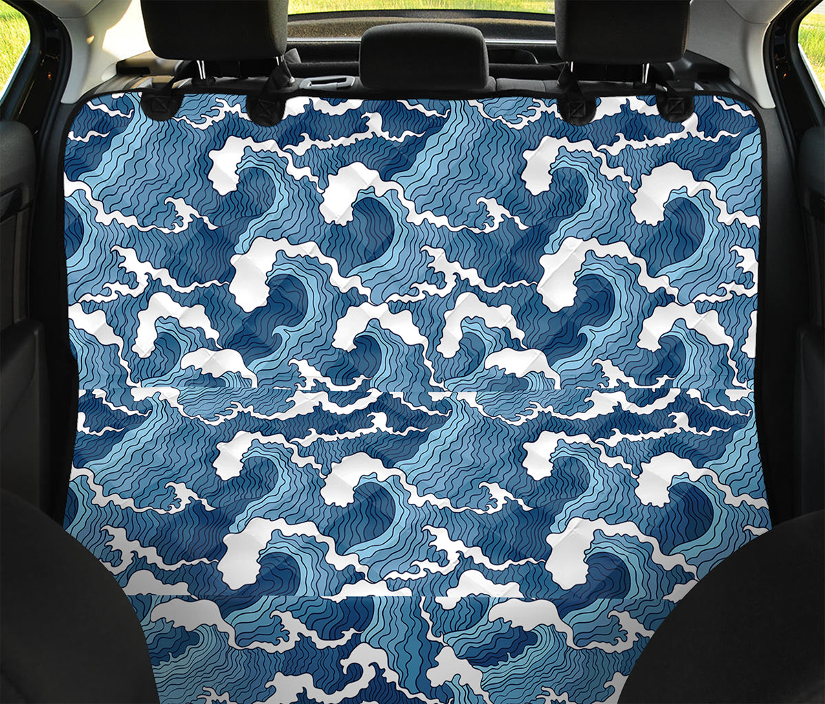 Blue Japanese Wave Pattern Print Pet Car Back Seat Cover