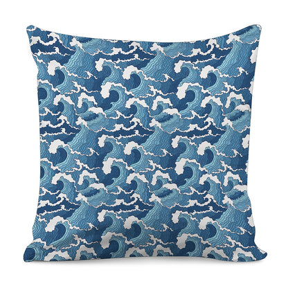 Blue Japanese Wave Pattern Print Pillow Cover