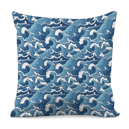Blue Japanese Wave Pattern Print Pillow Cover